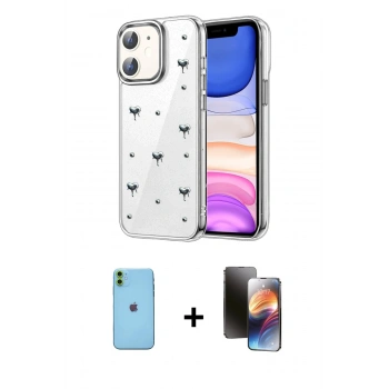 MARSİLYAN™- iPhone 11 Kılıf Yörünge Form - Siyah 3D Antistatik Mat Seramik Nano Ekran Koruyucu + Neon Fosforlu Kamera Lens - YL