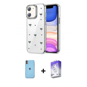 MARSİLYAN™- iPhone 11 Kılıf Yörünge Form - Siyah Bilvis 5in1 3D Magic Cam Ekran Koruyucu + Neon Fosforlu Kamera Lens - TU
