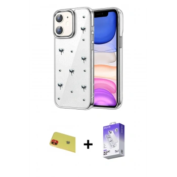 MARSİLYAN™- iPhone 11 Kılıf Yörünge Form - Siyah Bilvis 5in1 3D Magic Cam Ekran Koruyucu + Rainbow Kamera Lens Koruma Cam - KI