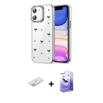 MARSİLYAN™- iPhone 11 Kılıf Yörünge Form - Siyah Bilvis 5in1 5D Magic Hayalet Cam Ekran Koruyucu + Renkli Kamera Lens Koruma Cam - SI