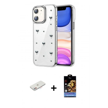 MARSİLYAN™- iPhone 11 Kılıf Yörünge Form - Siyah Buffer Hayalet Cam Ekran Koruyucu + Renkli Kamera Lens Koruma Cam - PE