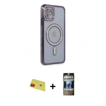 MARSİLYAN™- iPhone 11 Kılıf Zirve Doku Prime - Siyah 34D Hayalet Izgaralı Cam + Rainbow Kamera Lens Koruma Cam - KI