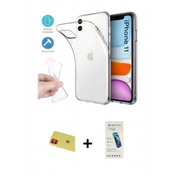 MARSİLYAN™- iPhone 11 Kılıf Zirve Doku - Şeffaf Pasifik Cam Ekran Koruyucu + Rainbow Kamera Lens Koruma Cam - KI