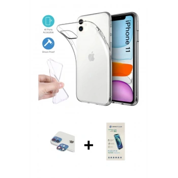 MARSİLYAN™- iPhone 11 Kılıf Zirve Doku - Şeffaf Pasifik Cam Ekran Koruyucu + Pers Alüminyum Kamera Lens - GI