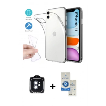 MARSİLYAN™- iPhone 11 Kılıf Zirve Doku - Şeffaf Royal Nano Ekran Koruyucu + PVD Metal Kamera Lens - MI