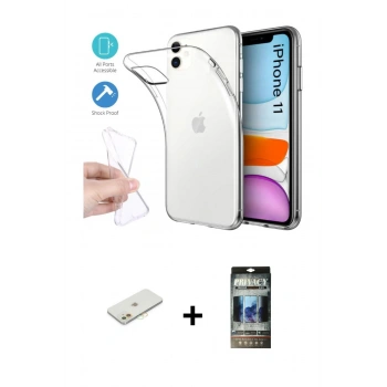 MARSİLYAN™- iPhone 11 Kılıf Zirve Doku - Siyah 34D Hayalet Izgaralı Cam + Renkli Kamera Lens Koruma Cam - TU