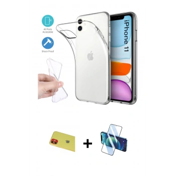 MARSİLYAN™- iPhone 11 Kılıf Zirve Doku - Siyah 3D Antistatik Cam Ekran Koruyucu + Rainbow Kamera Lens Koruma Cam - KI