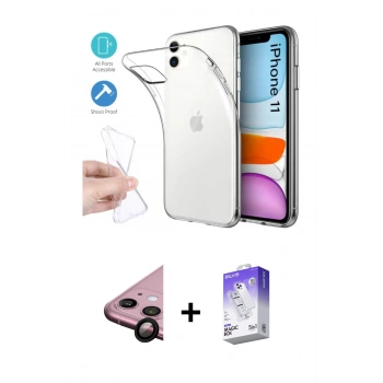 MARSİLYAN™- iPhone 11 Kılıf Zirve Doku - Siyah Bilvis 5in1 3D Magic Cam Ekran Koruyucu + Raze Metal Kamera Lens - SH