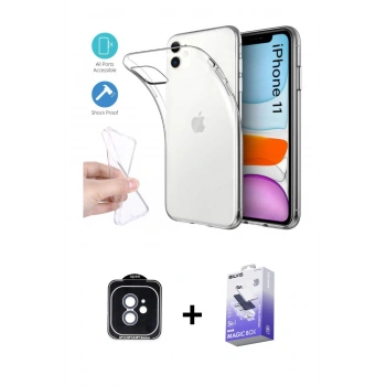 MARSİLYAN™- iPhone 11 Kılıf Zirve Doku - Siyah Bilvis 5in1 5D Magic Hayalet Cam Ekran Koruyucu + PVD Metal Kamera Lens - MI
