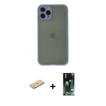 MARSİLYAN™- iPhone 11 Pro Kılıf Ahenk Çizgi Serisi - Siyah 360 Mat Full Body Arka Koruyucu + Renkli Kamera Lens Koruma Cam - YL