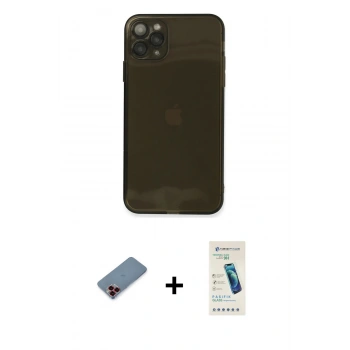 MARSİLYAN™- iPhone 11 Pro Kılıf Ahenk Doku - Şeffaf Pasifik Cam Ekran Koruyucu + Metal Kamera Lens Koruma Cam - KI