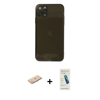 MARSİLYAN™- iPhone 11 Pro Kılıf Ahenk Doku - Şeffaf Pasifik Cam Ekran Koruyucu + Renkli Kamera Lens Koruma Cam - MI