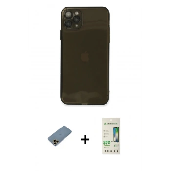 MARSİLYAN™- iPhone 11 Pro Kılıf Ahenk Doku - Siyah 20D Premium Cam Ekran Koruyucu + Shine Kamera Lens Koruma Cam - GD