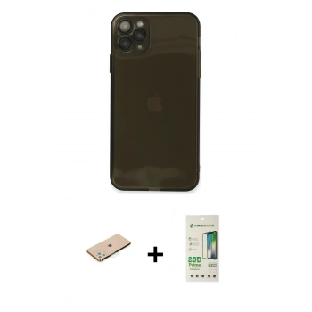 MARSİLYAN™- iPhone 11 Pro Kılıf Ahenk Doku - Siyah 20D Premium Cam Ekran Koruyucu + Renkli Kamera Lens Koruma Cam - YL
