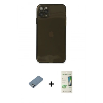 MARSİLYAN™- iPhone 11 Pro Kılıf Ahenk Doku - Siyah 20D Premium Cam Ekran Koruyucu + Shine Kamera Lens Koruma Cam - SABE