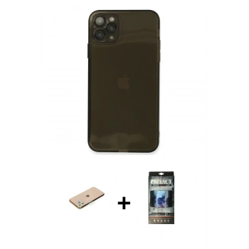 MARSİLYAN™- iPhone 11 Pro Kılıf Ahenk Doku - Siyah 34D Hayalet Izgaralı Cam + Renkli Kamera Lens Koruma Cam - YL