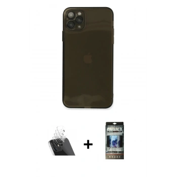 MARSİLYAN™- iPhone 11 Pro Kılıf Ahenk Doku - Siyah 34D Hayalet Izgaralı Cam + Kamera Lens Koruma Cam - SF