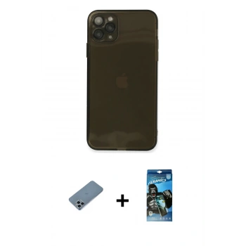 MARSİLYAN™- iPhone 11 Pro Kılıf Ahenk Doku - Siyah 34D Izgaralı Cam + Shine Kamera Lens Koruma Cam - SABE