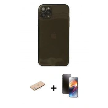 MARSİLYAN™- iPhone 11 Pro Kılıf Ahenk Doku - Siyah 3D Antistatik Mat Seramik Nano Ekran Koruyucu + Renkli Kamera Lens Koruma Cam - MI