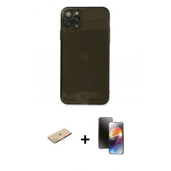 MARSİLYAN™- iPhone 11 Pro Kılıf Ahenk Doku - Siyah 3D Antistatik Mat Seramik Nano Ekran Koruyucu + Renkli Kamera Lens Koruma Cam - SI