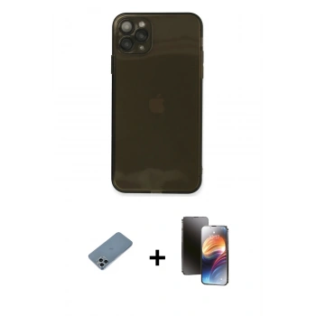 MARSİLYAN™- iPhone 11 Pro Kılıf Ahenk Doku - Siyah 3D Antistatik Mat Seramik Nano Ekran Koruyucu + Shine Kamera Lens Koruma Cam - SABE