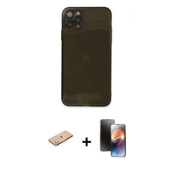 MARSİLYAN™- iPhone 11 Pro Kılıf Ahenk Doku - Siyah 3D Antistatik Mat Seramik Nano Ekran Koruyucu + Renkli Kamera Lens Koruma Cam - TU