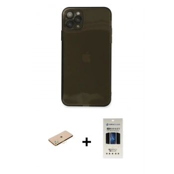 MARSİLYAN™- iPhone 11 Pro Kılıf Ahenk Doku - Siyah 5D Hayalet Cam Ekran Koruyucu + Renkli Kamera Lens Koruma Cam - PE