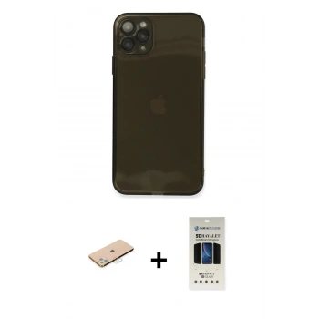 MARSİLYAN™- iPhone 11 Pro Kılıf Ahenk Doku - Siyah 5D Hayalet Cam Ekran Koruyucu + Renkli Kamera Lens Koruma Cam - MI