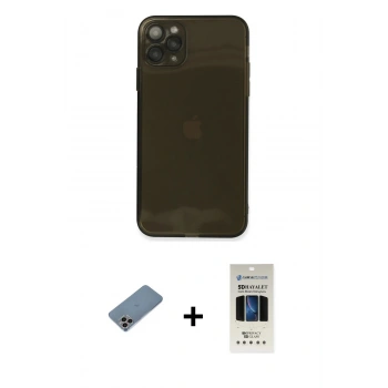 MARSİLYAN™- iPhone 11 Pro Kılıf Ahenk Doku - Siyah 5D Hayalet Cam Ekran Koruyucu + Shine Kamera Lens Koruma Cam - GI