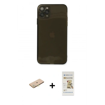 MARSİLYAN™- iPhone 11 Pro Kılıf Ahenk Doku - Siyah Mat Seramik Nano Ekran Koruyucu + Renkli Kamera Lens Koruma Cam - PE