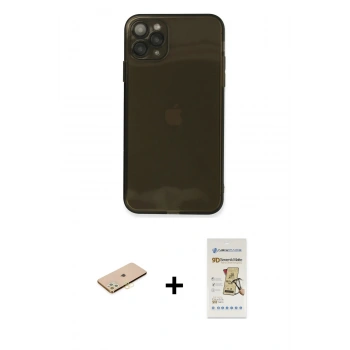 MARSİLYAN™- iPhone 11 Pro Kılıf Ahenk Doku - Siyah Mat Seramik Nano Ekran Koruyucu + Renkli Kamera Lens Koruma Cam - SI