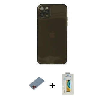 MARSİLYAN™- iPhone 11 Pro Kılıf Ahenk Doku - Siyah Polymer Nano Ekran Koruyucu + Metal Kamera Lens Koruma Cam - KI