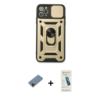 MARSİLYAN™- iPhone 11 Pro Kılıf Ahenk Klasik - Şeffaf Pasifik Cam Ekran Koruyucu + Metal Kamera Lens Koruma Cam - KI