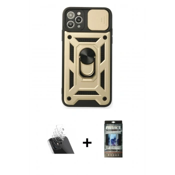 MARSİLYAN™- iPhone 11 Pro Kılıf Ahenk Klasik - Siyah 34D Hayalet Izgaralı Cam + Kamera Lens Koruma Cam - SF