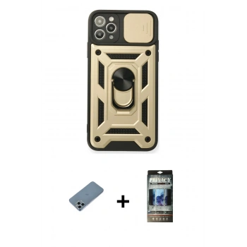 MARSİLYAN™- iPhone 11 Pro Kılıf Ahenk Klasik - Siyah 34D Hayalet Izgaralı Cam + Shine Kamera Lens Koruma Cam - SABE