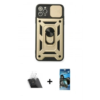 MARSİLYAN™- iPhone 11 Pro Kılıf Ahenk Klasik - Siyah 34D Izgaralı Cam + Kamera Lens Koruma Cam - SF