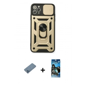 MARSİLYAN™- iPhone 11 Pro Kılıf Ahenk Klasik - Siyah 34D Izgaralı Cam + Shine Kamera Lens Koruma Cam - MI