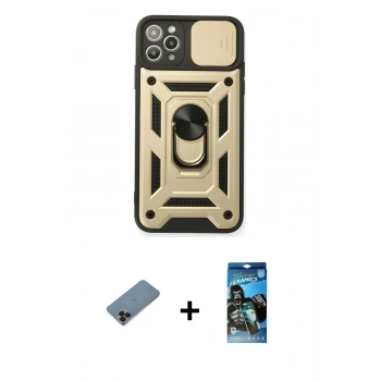 MARSİLYAN™- iPhone 11 Pro Kılıf Ahenk Klasik - Siyah 34D Izgaralı Cam + Shine Kamera Lens Koruma Cam - SH