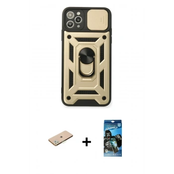 MARSİLYAN™- iPhone 11 Pro Kılıf Ahenk Klasik - Siyah 34D Izgaralı Cam + Renkli Kamera Lens Koruma Cam - YL