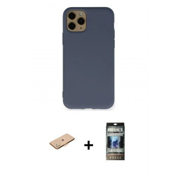 MARSİLYAN™- iPhone 11 Pro Kılıf Ahenk Serisi - Siyah 34D Hayalet Izgaralı Cam + Renkli Kamera Lens Koruma Cam - TU