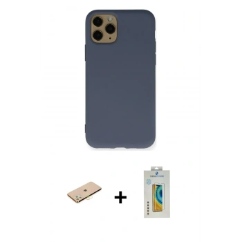 MARSİLYAN™- iPhone 11 Pro Kılıf Ahenk Serisi - Siyah Polymer Nano Ekran Koruyucu + Renkli Kamera Lens Koruma Cam - PE