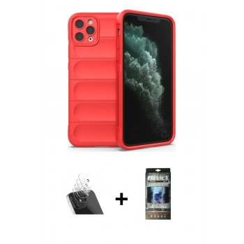 MARSİLYAN™- iPhone 11 Pro Kılıf Atlas Koleksiyonu - Siyah 34D Hayalet Izgaralı Cam + Kamera Lens Koruma Cam - SF