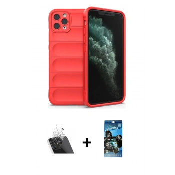 MARSİLYAN™- iPhone 11 Pro Kılıf Atlas Koleksiyonu - Siyah 34D Izgaralı Cam + Kamera Lens Koruma Cam - SF