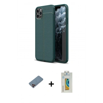 MARSİLYAN™- iPhone 11 Pro Kılıf Doruk Klasik Özel Seri - Siyah Polymer Nano Ekran Koruyucu + Shine Kamera Lens Koruma Cam - PE