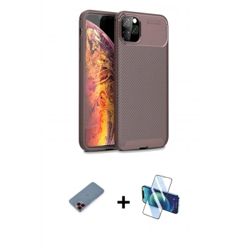 MARSİLYAN™- iPhone 11 Pro Kılıf Eksen Form Prime - Siyah 3D Antistatik Cam Ekran Koruyucu + Metal Kamera Lens Koruma Cam - KI