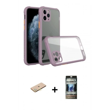 MARSİLYAN™- iPhone 11 Pro Kılıf Nova Asil Özel Seri - Siyah 34D Hayalet Izgaralı Cam + Renkli Kamera Lens Koruma Cam - SI