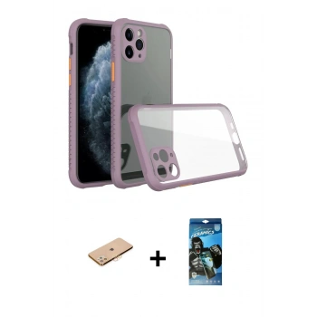 MARSİLYAN™- iPhone 11 Pro Kılıf Nova Asil Özel Seri - Siyah 34D Izgaralı Cam + Renkli Kamera Lens Koruma Cam - TU