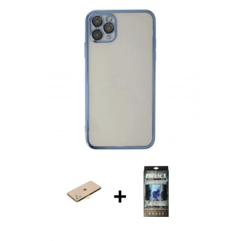 MARSİLYAN™- iPhone 11 Pro Kılıf Vadi Minimal - Siyah 34D Hayalet Izgaralı Cam + Renkli Kamera Lens Koruma Cam - PE
