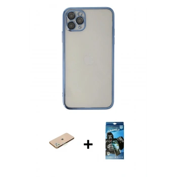 MARSİLYAN™- iPhone 11 Pro Kılıf Vadi Minimal - Siyah 34D Izgaralı Cam + Renkli Kamera Lens Koruma Cam - YL