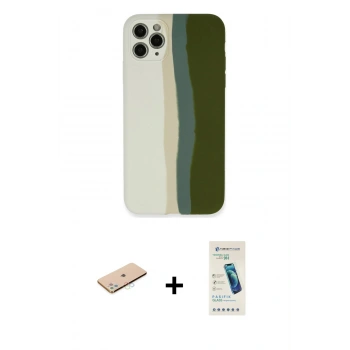MARSİLYAN™- iPhone 11 Pro Kılıf Yadigar Çizgi - Şeffaf Pasifik Cam Ekran Koruyucu + Renkli Kamera Lens Koruma Cam - MI